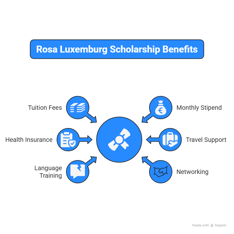 Visual summary of Rosa Luxemburg Scholarship benefits.